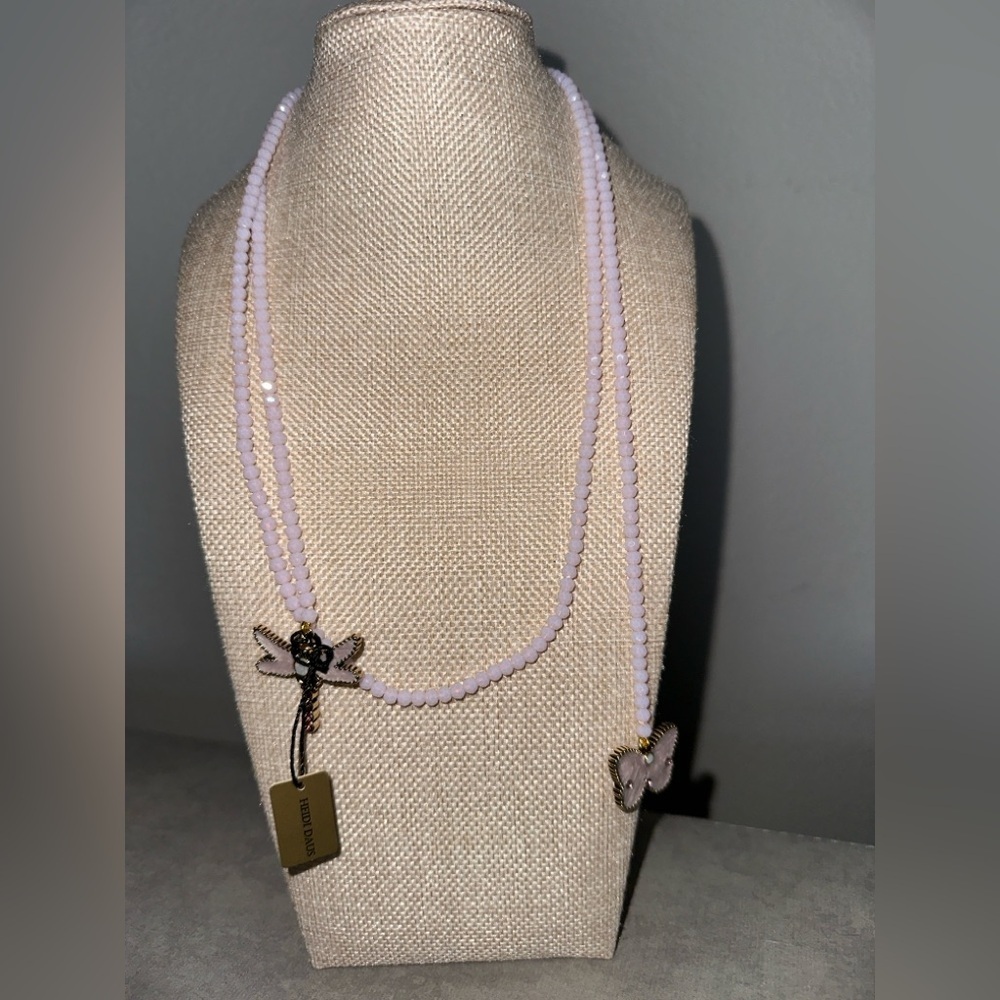 Pink rope necklace w/butterfly & dragonfly pendants by Heidi Daus - Picture 2 of 8